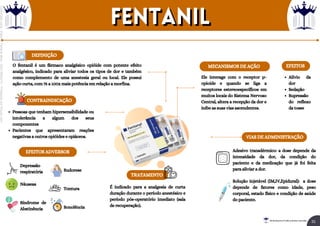 MECANISMOS DE AÇÃO
EFEITOS ADVERSOS
DEFINIÇÃO
VIAS DE ADMINISTRAÇÃO
CONTRAINDICAÇÃO
O fentanil é um fármaco analgésico opióide com potente efeito
analgésico, indicado para aliviar todos os tipos de dor e também
como complemento de uma anestesia geral ou local. Ele possui
ação curta, com 75 a 100x mais potência em relação a morfina.
Ele interage com o receptor μ-
opioide e quando se liga a
receptores estereoespecíficos em
muitos locais do Sistema Nervoso
Central, altera a recepção da dor e
inibe as suas vias ascendentes.
Adesivo transdérmico: a dose depende da
intensidade da dor, da condição do
paciente e da medicação que já foi feita
para aliviar a dor.
Solução injetável (IM,IV,Epidural): a dose
depende de fatores como idade, peso
corporal, estado físico e condição de saúde
do paciente.
Pessoas que tenham hipersensibilidade ou
intolerância a algum dos seus
componentes
Pacientes que apresentaram reações
negativas a outros opióides e opiáceos.
TRATAMENTO
É indicado para a analgesia de curta
duração durante o período anestésico e
período pós-operatório imediato (sala
de recuperação).
Depressão
respiratória
Náuseas
Síndrome de
Abstinência
Sudorese
Tontura
Sonolência
EFEITOS
Alívio da
dor
Sedação
Supressão
do reflexo
da tosse
fentanil
fentanil
31
Rei dos Resumos © Todos os direitos reservados
Licenciado
para
-
Elainne
Ferreira
silva
-
52213552215
-
Protegido
por
Eduzz.com
 