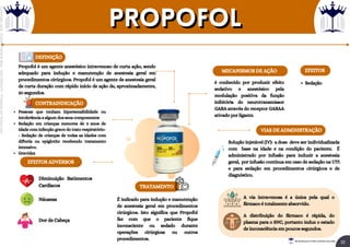 MECANISMOS DE AÇÃO
EFEITOS ADVERSOS
DEFINIÇÃO
VIAS DE ADMINISTRAÇÃO
CONTRAINDICAÇÃO
Propofol é um agente anestésico intravenoso de curta ação, sendo
adequado para indução e manutenção de anestesia geral em
procedimentos cirúrgicos. Propofol é um agente de anestesia geral
de curta duração com rápido início de ação de, aproximadamente,
30 segundos.
é conhecido por produzir efeito
sedativo e anestésico pela
modulação positiva da função
inibitória do neurotransmissor
GABA através do receptor GABAA
ativado por ligante.
Solução injetável (IV): a dose deve ser individualizada
com base na idade e na condição do paciente. É
administrado por infusão para induzir a anestesia
geral, por infusão contínua em caso de sedação na UTI
e para sedação em procedimentos cirúrgicos e de
diagnóstico.
Pessoas que tenham hipersensibilidade ou
intolerância a algum dos seus componentes
Sedação em crianças menores de 3 anos de
idade com infecção grave do trato respiratório-
- Sedação de crianças de todas as idades com
difteria ou epiglotite recebendo tratamento
intensivo.
Gravidez
TRATAMENTO
É indicado para indução e manutenção
de anestesia geral em procedimentos
cirúrgicos. Isto significa que Propofol
faz com que o paciente fique
inconsciente ou sedado durante
operações cirúrgicas ou outros
procedimentos.
Diminuição Batimentos
Cardíacos
Náuseas
Dor de Cabeça
EFEITOS
Sedação
A distribuição do fármaco é rápida, do
plasma para o SNC, portanto induz o estado
de inconsciência em poucos segundos.
A via intravenosa é a única pela qual o
fármaco é totalmente absorvido.
propofol
propofol
32
Rei dos Resumos © Todos os direitos reservados
Licenciado
para
-
Elainne
Ferreira
silva
-
52213552215
-
Protegido
por
Eduzz.com
 