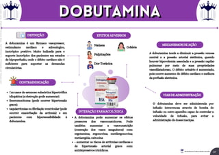 MECANISMOS DE AÇÃO
EFEITOS ADVERSOS
CONTRAINDICAÇÃO
Rei dos Resumos © Todos os direitos reservados
DEFINIÇÃO
A dobutamina é um fármaco vasopressor,
estimulante cardíaco e adrenérgico,
inotrópico positivo. Muito indicada para o
suporte inotrópico dos pacientes em estados
de hipoperfusão, onde o débito cardíaco não é
suficiente para suportar as demandas
circulatórias.
Naúsea
Palpitações
Dor Torácica
Cefaleia
VIAS DE ADMINISTRAÇÃO
O dobutamina deve ser administrada por
infusão intravenosa através de bomba de
infusão ou outro aparelho capaz de controlar a
velocidade de infusão, para evitar a
administração de doses maciças.
A dobutamina tende a diminuir a pressão venosa
central e a pressão arterial sistêmica, quando
houver hipovolemia associada e a pressão capilar
pulmonar por meio de suas propriedades
vasodilatadoras1. O débito urinário é aumentado,
pois ocorre aumento do débito cardíaco e melhora
da perfusão sistêmica.
Em casos de estenose subaórtica hipertrófica
idiopática (a obstrução pode aumentar).
feocromocitoma (pode ocorrer hipertensão
grave).
taquiarritmias ou fibrilação ventricular (pode
ocorrer exacerbação da arritmia) e em
pacientes com hipersensibilidade à
dobutamina.
INTERAÇÃO FARMACOLÓGICA
A dobutamina pode: aumentar os efeitos
pressores dos vasoconstritores. Pode
também aumentar a vasoconstrição
(contração dos vasos sanguíneos) com:
ergotamina; ergonovina; metilergonovina;
metisergida; oxitocina
- aumentar os riscos de arritmias cardíacas e
de hipertensão arterial grave com:
antidepressivos tricíclicos.
dobutamina
dobutamina
37
Licenciado
para
-
Elainne
Ferreira
silva
-
52213552215
-
Protegido
por
Eduzz.com
 