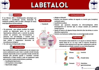 É um fármaco alfa-1 e betabloqueador adrenérgico que
determina a vasodilatação arterial, diminuição da
resistência periférica, além de inibir a liberação de renina
renal dependente de beta-estímulo.
Encefalopatia hipertensiva
AVE isquêmico e hemorrágico
Hipertensão maligna
Esse medicamento é usado isoladamente ou em conjunto com
outros medicamentos para tratar a pressão arterial elevada,
incluindo hipertensão severa na gravidez (tensão arterial alta
induzida pela gravidez) quando é necessário controlar
rapidamente a tensão arterial e pode ser igualmente usado
para controlar a tensão arterial durante a anestesia.
Via parenteral: para redução imediata da pressão
arterial na hipertensão grave ou em crises
hipertensivas, utilizado para o controle da pressão
arterial em pacientes com feocromocitoma e
gestantes com pré-eclâmpsia, e também para
produzir hipotensão controlada durante a anestesia
para reduzir o sangramento decorrente de
procedimentos cirúrgicos
Via oral: casos de hipertensão crônica
DEFINIÇÃO
VIA DE ADMINISTRAÇÃO
TRATAMENTO
CONTRAINDICAÇÃO
POSOLOGIA
OUTROS NOMES
Alérgico ao labetalol
Paciente com bloqueio cardíaco de segundo ou terceiro grau (completo),
moderado a grave
Insuficiência cardíaca
Paciente que apresenta alterações de eletrocardiograma (ECG)
(prolongamento do intervalo QT), ou choque causado por problemas
cardíacos graves
Quadro de asma ou de alguma doença obstrutiva das vias aéreas, ou outros
distúrbios respiratórios
Paciente com batimento cardíaco lento ou severa hipotensão arterial
EFEITOS COLATERAIS
Náusea
Inchaço
Desmaio
Ictericía
Pressão baixa
Distúrbios
gastrointestinais
Trandate®
Recomenda-se dose inicial de 10 a 20 mg em 10 minutos. Pode-se
repetir doses de 10 a 20 mg a cada 10 minutos, devendo-se
respeitar a dose máxima de 300 mg e esse medicamento pode ser
administrado em infusão constante ou como bolus frequentes.
labetalol
labetalol
39
Rei dos Resumos © Todos os direitos reservados
Licenciado
para
-
Elainne
Ferreira
silva
-
52213552215
-
Protegido
por
Eduzz.com
 