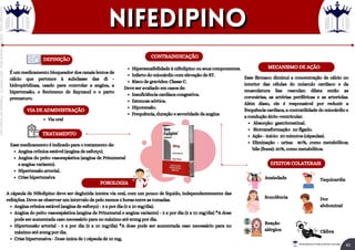 Angina crônica estável (angina de esforço).
Angina do peito vasoespástica (angina de Prinzmetal
e angina variante).
Hipertensão arterial.
Crise hipertensiva
Esse medicamento é indicado para o tratamento de:
Hipersensibilidade à nifedipino ou seus componentes.
Infarto do miocárdio com elevação de ST.
Risco de gravidez: Classe C.
Insuficiência cardíaca congestiva.
Estenose aórtica.
Hipotensão.
Frequência, duração e severidade da angina
Deve ser avaliado em casos de:
É um medicamento bloqueador dos canais lentos de
cálcio que pertence à subclasse das di -
hidropiridinas, usado para controlar a angina, a
hipertensão, o fenómeno de Raynaud e o parto
prematuro.
Via oral
DEFINIÇÃO
VIA DE ADMINISTRAÇÃO
TRATAMENTO
CONTRAINDICAÇÃO
MECANISMO DE AÇÃO
EFEITOS COLATERAIS
Ansiedade
Sonolência
Reação
alérgica
Taquicardia
Dor
abdominal
Cãibra
Absorção: gastrintestinal.
Biotransformação: no fígado.
Ação - início: 20 minutos (cápsulas).
Eliminação - urina: 80%, como metabólitos;
bile (fezes): 20%, como metabólitos.
Esse fármaco diminui a concentração de cálcio no
interior das células do músculo cardíaco e da
musculatura lisa vascular; dilata então as
coronárias, as artérias periféricas e as arteríolas.
Além disso, ele é responsável por reduzir a
frequência cardíaca, a contratilidade do miocárdio e
a condução átrio-ventricular.
POSOLOGIA
Angina crônica estável (angina de esforço) - 3 x por dia (3 x 10 mg/dia).
Angina do peito vasoespástica (angina de Prinzmetal e angina variante) - 3 x por dia (3 x 10 mg/dia) *A dose
pode ser aumentada caso necessário para no máximo até 60mg por dia.
Hipertensão arterial - 3 x por dia (3 x 10 mg/dia) *A dose pode ser aumentada caso necessário para no
máximo até 60mg por dia.
Crise hipertensiva - Dose única de 1 cápsula de 10 mg,
A cápsula de Nifedipino deve ser deglutida inteira via oral, com um pouco de líquido, independentemente das
refeições. Deve-se observar um intervalo de pelo menos 2 horas entre as tomadas.
nifedipino
nifedipino
40
Rei dos Resumos © Todos os direitos reservados
Licenciado
para
-
Elainne
Ferreira
silva
-
52213552215
-
Protegido
por
Eduzz.com
 