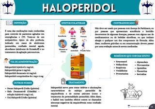 É uma das medicações mais conhecidas
para controle de pacientes agitados em
emergências e CTI. Trata-se de um
antipsicótico típico de alta potência,
indicado em casos de síndromes
paranoides, confusão mental aguda,
alcoolismo (síndrome de Korsakoff) e no
tratamento da agitação psicomotora.
Haloperidol serve para tratar delírios e alucinações
característicos do subtipo paranóide da
esquizofrenia e de outras psicoses (como o
transtorno de personalidade paranóide). Além disso,
o haldol tem também efeitos contra os chamados
sintomas negativos da esquizofrenia como confusão
mental.
Decan Haloper® (União Química)
Halo Decanoato® (Cristália) –
solução injetável 5 mg/1 mL
Uni Haloper® (União Química)
Haloperidol injetável 5 mg/mL
Haloperidol gotas 2 mg/mL
Haloperidol decanoato 50 mg/mL
Haloperidol comprimidos de 1 mg e 5 mg
Itraconazol
Nefazodona
Buspirona
Venlafaxina
Prometazina
Não deve ser usado por pessoas com doença de Parkinson, ou
por pessoas que apresentam sonolência e lentidão
decorrentes de algumas doenças, pessoas com alguns uso de
medicamentos ou de bebidas alcoólicas, ou que tenham
alergia a qualquer um dos componente da fórmula. Além
disso, mulheres grávidas ou em amamentação devem passar
por uma avaliação antes de serem medicadas
VIA DE ADMINISTRAÇÃO
OUTROS NOMES TRATAMENTO
EFEITOS COLATERAIS CONTRAINDICADO
REMÉDIOS QUE CORTAM EFEITO
Alprazolam
Fluvoxamina
Quinidina
Fluoxetina
Sertralina
Sonolência Dor de
cabeça
Tontura
Náuseas ou
vômito
Ansiedade Pressão baixa
DEFINIÇÃO
hALOPERIDOL
hALOPERIDOL
08
Rei dos Resumos © Todos os direitos reservados
Licenciado
para
-
Elainne
Ferreira
silva
-
52213552215
-
Protegido
por
Eduzz.com
 