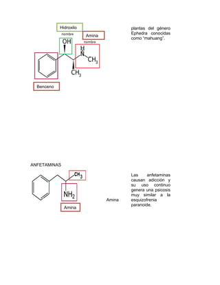 ANFETAMINAS
plantas del género
Ephedra conocidas
como “mahuang”.
Amina
Las anfetaminas
causan adicción y
su uso continuo
genera una psicosis
muy similar a la
esquizofrenia
paranoide.
Hidroxilo
Amina
Benceno
Amina
 
