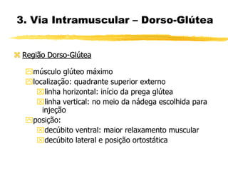  Região Dorso-Glútea
músculo glúteo máximo
localização: quadrante superior externo
linha horizontal: início da prega glútea
linha vertical: no meio da nádega escolhida para
injeção
posição:
decúbito ventral: maior relaxamento muscular
decúbito lateral e posição ortostática
3. Via Intramuscular – Dorso-Glútea
 