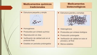 Medicamentos químicos
tradicionales
 Estructura pequeña y simple
 Homogéneos
 Producidos por síntesis química
 Reproducción en días
 Verificación de calidad solo en el
producto final
 Estables en periodos prolongados
Medicamentos
biotecnológicos
 Estructura grande y compleja
 Heterogéneos
 Producidos por síntesis biológica
 Producción prolongada
 Verificación de calidad en todo el
proceso y al final
 Menos estables
 