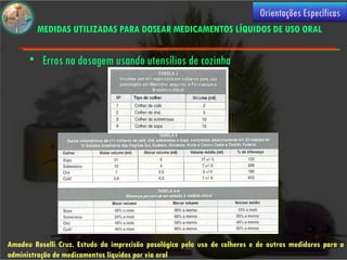 Orientações Específicas
         MEDIDAS UTILIZADAS PARA DOSEAR MEDICAMENTOS LÍQUIDOS DE USO ORAL

      • Erros na dosagem usando utensílios de cozinha




Amadeu Roselli Cruz. Estudo da imprecisão posológica pelo uso de colheres e de outros medidores para a
administração de medicamentos líquidos por via oral
 