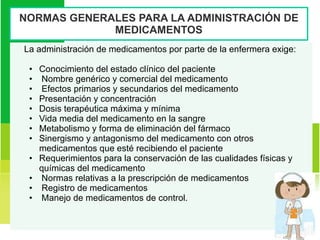NORMAS GENERALES PARA LA ADMINISTRACIÓN DE MEDICAMENTOS La administración de medicamentos por parte de la enfermera exige:  Conocimiento del estado clínico del paciente Nombre genérico y comercial del medicamento Efectos primarios y secundarios del medicamento Presentación y concentración Dosis terapéutica máxima y mínima Vida media del medicamento en la sangre Metabolismo y forma de eliminación del fármaco Sinergismo y antagonismo del medicamento con otros medicamentos que esté recibiendo el paciente Requerimientos para la conservación de las cualidades físicas y químicas del medicamento Normas relativas a la prescripción de medicamentos Registro de medicamentos  Manejo de medicamentos de control. 