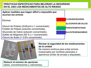 PRÁCTICAS ESPECÍFICAS PARA MEJORAR LA SEGURIDAD EN EL USO LOS MEDICAMENTOS DE ALTO RIESGO Revisar la seguridad de los medicamentos de la unidad De manera continua para evitar errores ocasionados por nombres parecidos o apariencia similar de envase y etiquetado.  Reducir el número de opciones (dosis, concentraciones y volúmenes),  Aplicar medidas que hagan difícil o imposible que ocurran los errores Eliminar :  Cloruró de Potasio (2mEq/ml o > concentrado) Fosfato de Potasio (solución concentrada),  Gluconato de Calcio (solución concentrado) ,  Sulfato de Magnesio (50 % o > concentrado)  Cloruro de Sodio (> 0.9% concentrado)  