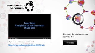Opiacidos 
https://www.youtube.com/watch?v=iHc5lUj_gLc 
Ejemplos de medicamentos 
controlados. 
 