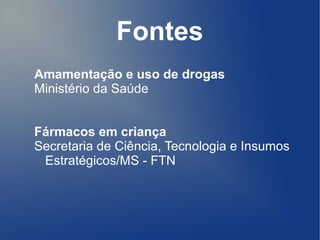 Fontes
Amamentação e uso de drogas
Ministério da Saúde


Fármacos em criança
Secretaria de Ciência, Tecnologia e Insumos
 Estratégicos/MS - FTN
 