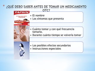 *
• El nombre
• Los síntomas que presenta
• Cuánto tomar y con qué frecuencia
tomarlo.
• Durante cuánto tiempo se volvería tomar
• Los posibles efectos secundarios
• Instrucciones especiales
 