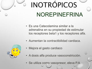 INOTRÓPICOS
NOREPINEFRINA
• Es una Catecolamina similar a la
adrenalina en su propiedad de estimular
los receptores beta1 y los receptores alfa.
• Aumentan la contractibilidad cardiaca.
• Mejora el gasto cardiaco
• A dosis alfa produce vasoconstricción.
• Se utiliza como vasopresor, eleva P.A
 