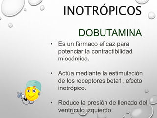 INOTRÓPICOS
DOBUTAMINA
• Es un fármaco eficaz para
potenciar la contractibilidad
miocárdica.
• Actúa mediante la estimulación
de los receptores beta1, efecto
inotrópico.
• Reduce la presión de llenado del
ventrículo izquierdo
 