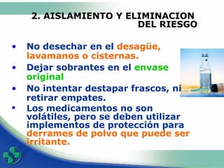 2. AISLAMIENTO Y ELIMINACION  DEL RIESGO No desechar en el  desagüe, lavamanos o cisternas.  Dejar sobrantes en el  envase original No intentar destapar frascos, ni retirar empates. Los medicamentos no son volátiles, pero se deben utilizar implementos de protección para  derrames de polvo que puede ser irritante.   