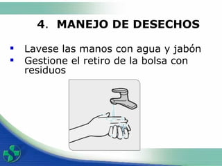 4 .  MANEJO DE DESECHOS  Lavese las manos con agua y jabón Gestione el retiro de la bolsa con residuos   