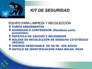 KIT DE SEGURIDAD E QUIPO PARA LIMPIEZA Y RECOLECCIÓN PAÑOS ABSORBENTES  GUARDIAN O CONTENEDOR (Residuos corto punzantes) ESPÁTULA DE CAUCHO Y RECOGEDOR  BOLSAS DE RECOLECCIÓN DE DESECHO CITOTÓXICO (ROJAS) JERINGA DESECHABLE  DE 50 ML  SIN AGUJA ROTULO DE IDENTIFICACION PARA BOLSA  ROJA  