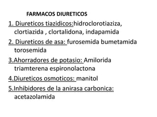 FARMACOS DIURETICOS.1.Diureticos tiazidicos: hidroclorotiaziza, clortiazida , clortalidona, indapamidaRAM: De tipo hidroelectrolitico:disminuye NA, K, H, MG, y aumenta el CA.  De tipo metabolico: Hiperuricemia, hiperglicemia, hipercolesterolemia.USOS TERAPEUTICOS: HTA, ICC, sindrome edematoso, hipercalciuria.FARMACOCINETICA: Adm oral, comienza su accion 1-2 hrs despues de ingerirlo, se elimina por la orina, tiempo de accion prolongado.CONTRAINDICACION: Hipopotasemia, hipercalcemia, gota, diabeticos.MECANISMO DE ACCION: Dism la reabsoscion del NACL en el asa de henle y el tub contor distal, aument la excrecion de NA, CL, H2O, K, MG, aument la reabsorcion de CA