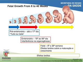 Pré-embrionário – até o 17º dia
“Tudo ou nada”
Embrionário – 18º ao 56º dia
Interferência na organogênese
Fetal – 8ª a 38ª semana
Efeitos tardios sobre a maturação e
crescimento
Efeitos tardios
Aizenstein org.
Fundamentos para o Uso Racional de Medicamentos, Artes Médicas, 2010
 