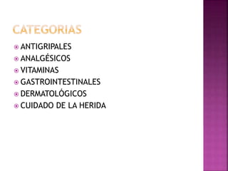  ANTIGRIPALES
ANALGÉSICOS
VITAMINAS
GASTROINTESTINALES
DERMATOLÓGICOS
CUIDADO DE LA HERIDA