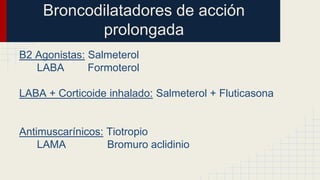 Broncodilatadores de acción
prolongada
B2 Agonistas: Salmeterol
LABA Formoterol
LABA + Corticoide inhalado: Salmeterol + Fluticasona
Antimuscarínicos: Tiotropio
LAMA Bromuro aclidinio
 