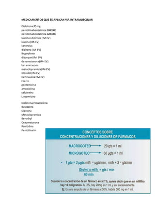 MEDICAMENTOS QUE SE APLICAN VIA INTRAMUSCULAR
Diclofenac75mg
penicilinabenzatinica2400000
penicilinabenzatinica1200000
Ioscina+dipirona(IM-EV)
ioscina(IM- EV)
ketorolac
dipirona(IM- EV)
ibuprofeno
diazepan(IM- EV)
dexametasona(IM- EV)
betametasona
metoclopramida(IM-EV)
Klosidol (IM-EV)
Ceftriaxona(IM-EV)
Hierro
gentamicina
amoxicilina
cefalexina
Lincomicina
Diclofenac/Ibuprofeno
Buscapina
Dipirona
Metoclopramida
Benadryl
Dexametasona
Ranitidina
Penicilinaim
 