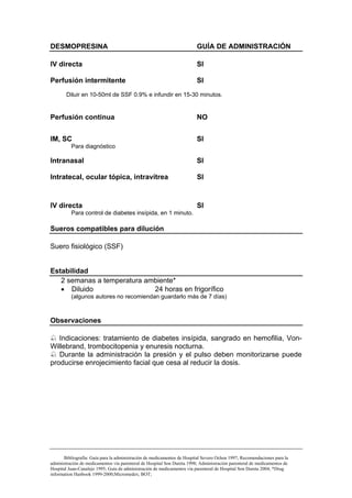 DESMOPRESINA                                                             GUÍA DE ADMINISTRACIÓN

IV directa                                                               SI

Perfusión intermitente                                                   SI
       Diluir en 10-50ml de SSF 0.9% e infundir en 15-30 minutos.


Perfusión continua                                                       NO


IM, SC                                                                   SI
          Para diagnóstico

Intranasal                                                               SI

Intratecal, ocular tópica, intravítrea                                   SI



IV directa                                                               SI
          Para control de diabetes insípida, en 1 minuto.

Sueros compatibles para dilución

Suero fisiológico (SSF)


Estabilidad
   2 semanas a temperatura ambiente*
   • Diluido                 24 horas en frigorífico
          (algunos autores no recomiendan guardarlo más de 7 días)



Observaciones

   Indicaciones: tratamiento de diabetes insípida, sangrado en hemofilia, Von-
Willebrand, trombocitopenia y enuresis nocturna.
   Durante la administración la presión y el pulso deben monitorizarse puede
producirse enrojecimiento facial que cesa al reducir la dosis.




       Bibliografía: Guía para la administración de medicamentos de Hospital Severo Ochoa 1997; Recomendaciones para la
administración de medicamentos vía parenteral de Hospital Son Dureta 1998; Administración parenteral de medicamentos de
Hospital Juan-Canalejo 1995; Guía de administración de medicamentos vía parenteral de Hospital Son Dureta 2004; *Drug
information Hanbook 1999-2000;Micromedex; BOT;
 