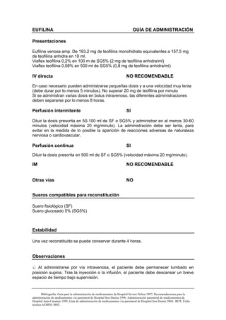 EUFILINA                                                                     GUÍA DE ADMINISTRACIÓN

Presentaciones

Eufilina venosa amp. De 193,2 mg de teofilina monohidrato equivalentes a 157,5 mg
de teofilina anhidra en 10 ml.
Viaflex teofilina 0,2% en 100 m de SG5% (2 mg de teofilina anhidra/ml)
Viaflex teofilina 0,08% en 500 ml de SG5% (0,8 mg de teofilina anhidra/ml)

IV directa                                                              NO RECOMENDABLE

En caso necesario pueden administrarse pequeñas dosis y a una velocidad muy lenta
(debe durar por lo menos 5 minutos). No superar 20 mg de teofilina por minuto
Si se administran varias dosis en bolus intravenoso, las diferentes administraciones
deben separarse por lo menos 8 horas.

Perfusión intermitente                                                  SI

Diluir la dosis prescrita en 50-100 ml de SF o SG5% y administrar en al menos 30-60
minutos (velocidad máxima 20 mg/minuto). La administración debe ser lenta, para
evitar en la medida de lo posible la aparición de reacciones adversas de naturaleza
nerviosa o cardiovascular.

Perfusión continua                                                      SI

Diluir la dosis prescrita en 500 ml de SF o SG5% (velocidad máxima 20 mg/minuto).

IM                                                                      NO RECOMENDABLE


Otras vías                                                              NO


Sueros compatibles para reconstitución

Suero fisiológico (SF)
Suero glucosado 5% (SG5%)



Estabilidad

Una vez reconstituido se puede conservar durante 4 horas.


Observaciones

   Al administrarse por vía intravenosa, el paciente debe permanecer tumbado en
posición supina. Tras la inyección o la infusión, el paciente debe descansar un breve
espacio de tiempo bajo supervisión.


       Bibliografía: Guía para la administración de medicamentos de Hospital Severo Ochoa 1997; Recomendaciones para la
administración de medicamentos vía parenteral de Hospital Son Dureta 1998; Administración parenteral de medicamentos de
Hospital Juan-Canalejo 1995; Guía de administración de medicamentos vía parenteral de Hospital Son Dureta 2004; BOT; Ficha
técnica AEMPS, MSC.
 