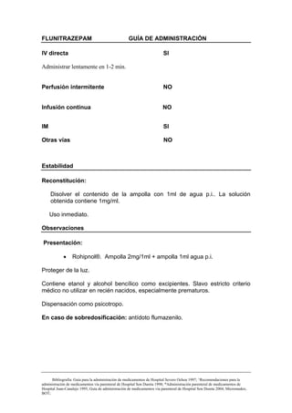 FLUNITRAZEPAM                                       GUÍA DE ADMINISTRACIÓN

IV directa                                                               SI

Administrar lentamente en 1-2 min.


Perfusión intermitente                                                   NO


Infusión continua                                                       NO


IM                                                                       SI

Otras vías                                                               NO



Estabilidad

Reconstitución:

     Disolver el contenido de la ampolla con 1ml de agua p.i.. La solución
     obtenida contiene 1mg/ml.

     Uso inmediato.

Observaciones

Presentación:

             •    Rohipnol®. Ampolla 2mg/1ml + ampolla 1ml agua p.i.

Proteger de la luz.

Contiene etanol y alcohol bencílico como excipientes. Slavo estricto criterio
médico no utilizar en recién nacidos, especialmente prematuros.

Dispensación como psicotropo.

En caso de sobredosificación: antídoto flumazenilo.




      Bibliografía: Guía para la administración de medicamentos de Hospital Severo Ochoa 1997; ^Recomendaciones para la
administración de medicamentos vía parenteral de Hospital Son Dureta 1998; *Administración parenteral de medicamentos de
Hospital Juan-Canalejo 1995; Guía de administración de medicamentos vía parenteral de Hospital Son Dureta 2004; Micromedex;
BOT;
 