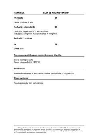 KETAMINA                                            GUÍA DE ADMINISTRACIÓN

IV directa                                                               SI

Lenta, dosis en 1 min.

Perfusión intermitente                                                   SI

Diluir 500 mg en 250-500 ml SF o G5%.
Inducción: 5 mg/min; mantenimiento: 1-4 mg/min.

Perfusión continua


IM                                                                       SI

Otras vías


Sueros compatibles para reconstitución y dilución

Suero fisiológico (SF)
Suero glucosado 5% (SG5%)


Estabilidad

Puede oscurecerse al exponerse a la luz, pero no afecta la potencia.

Observaciones

Puede precipitar con barbitúricos.




       Bibliografía: Guía para la administración de medicamentos de Hospital Severo Ochoa 1997; Recomendaciones para la
administración de medicamentos vía parenteral de Hospital Son Dureta 1998; Administración parenteral de medicamentos de
Hospital Juan-Canalejo 1995; Guía de administración de medicamentos vía parenteral de Hospital Son Dureta 2004; Micromedex;
BOT; Trissel’s stability of Compounded Formulations 3ª Ed.
 