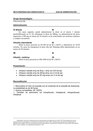 METILPREDNISOLONA HEMISUCCINATO                                                 GUÍA DE ADMINISTRACIÓN



Grupo farmacológico
Glucocorticoide

Administración

IV directa                                       SI
        En casos urgentes, puede administrarse la dosis en al menos 1 minuto
(preferiblemente en 5). No sobrepasar la dosis de 500mg. La administración de dosis
superiores a 500 mg en menos de 10 minutos se ha relacionado con arritmias cardiacas
y colapso circulatorio.

Infusión intermitente                            SI
      Diluir la dosis prescrita en 50-100 ml de SF o SG5% y administrar en 10-20
minutos. En casos de emergencia la dosis alta (de 30mg/kg) debe administrarse en no
menos de 30 minutos

IM                                                                       SI

Infusión continua                                  SI
      Diluir la dosis prescrita en 500-1000 ml de SF o SG5%.


Presentación

     •    Urbason soluble amp de 8mg + amp con 2ml de api
     •    Urbason soluble amp de 20mg+amp con 2 ml de api
     •    Urbason soluble amp de 40 mg+amp con 2 ml de api


Reconstitución

   Reconstituir el vial o la ampolla con el contenido de la ampolla de disolvente.
La estabilidad es de 48 horas
   Sueros compatibles: SF, SG5%.
     También se administra via intraarticular, intrapleural, intraperitoneal,
intratecal.




       Bibliografía: Guía para la administración de medicamentos de Hospital Severo Ochoa 1997; Recomendaciones para la
administración de medicamentos vía parenteral de Hospital Son Dureta 1998; Administración parenteral de medicamentos de
Hospital Juan-Canalejo 1995; Guía de administración de medicamentos vía parenteral de Hospital Son Dureta 2004; Micromedex;
BOT; Trissel’s stability of Compounded Formulations 3ª Ed.
 