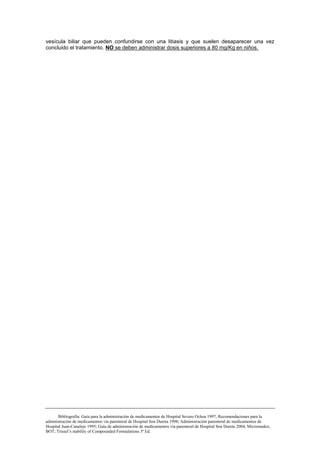 vesícula biliar que pueden confundirse con una litiasis y que suelen desaparecer una vez
concluido el tratamiento. NO se deben administrar dosis superiores a 80 mg/Kg en niños.




       Bibliografía: Guía para la administración de medicamentos de Hospital Severo Ochoa 1997; Recomendaciones para la
administración de medicamentos vía parenteral de Hospital Son Dureta 1998; Administración parenteral de medicamentos de
Hospital Juan-Canalejo 1995; Guía de administración de medicamentos vía parenteral de Hospital Son Dureta 2004; Micromedex;
BOT; Trissel’s stability of Compounded Formulations 3ª Ed.
 