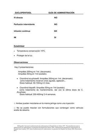 ZUCLOPENTIXOL                                             GUÍA DE ADMINISTRACIÓN

IV directa                                                               NO


Perfusión intermitente                                                   NO


Infusión continua                                                       NO


IM                                                                       SI



Estabilidad

•    Temperatura conservación 15ºC.

•    Proteger de la luz.


Observaciones

Hay 2 presentaciones:

         Ampollas 200mg en 1ml. (decanoato).
         Ampollas 50mg en 1ml (acetato).

     •    Cisordinol acuphase®: Ampollas 200mg en 1ml. (decanoato).
          como tratamiento inicial en crisis agudas, agitación,..
          Dosis habitual: 50-150mg 2-3 días.

     •  Cisordinol depot®: Ampollas 50mg en 1ml (acetato).
       como tratamiento de mantenimiento, dar con la última dosis de C.
     Acuphase.
        Dosis habitual: 200-400mg/ 2-4 semanas.



     Ambas pueden mezclarse en la misma jeringa como una inyección.

   No se puede mezclar con formulaciones que contengan como vehículo
aceite de sésamo.




      Bibliografía: Guía para la administración de medicamentos de Hospital Severo Ochoa 1997; ^Recomendaciones para la
administración de medicamentos vía parenteral de Hospital Son Dureta 1998; *Administración parenteral de medicamentos de
Hospital Juan-Canalejo 1995; Guía de administración de medicamentos vía parenteral de Hospital Son Dureta 2004; Micromedex;
BOT;
 