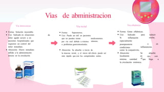 Vias de abministracion
Via rectal Via oftalmica
Via intravenosa
Forma: Gotas oftálmicas.
Forma: Solución inyectable.
Uso: Indicado en situaciones
dolor agudo severo o en
pacientes hospitalizados que
requieren un control del
dolor inmediato.
Absorción: Efecto inmediato
debido a la administración
directa en la circulación.
Forma: Supositorios.
Uso:
la
Indicado para reducir
ocular,
de Uso: Puede ser útil en pacientes
inflamación
que no pueden tomar
por vía oral debido a vómitos
o problemas gastrointestinales.
medicamentos
náuseas, especialmente
postoperatoria
condiciones
o en
inflamatorias
como la conjuntivitis.
Absorción: Se absorbe a través de
la mucosa rectal, y el inicio del efecto puede ser
más rápido que con los comprimidos orales.
Absorción:
localmente
Se
en
el
absorbe
ojo, con
mínima cantidad que llega a
la circulación sistémica.
 