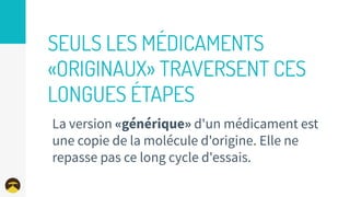 SEULS LES MÉDICAMENTS
«ORIGINAUX» TRAVERSENT CES
LONGUES ÉTAPES
La version «générique» d'un médicament est
une copie de la...