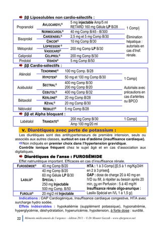 22 Mémento médicaments de l’urgence – édition 2011 – © Dr Mounir Gazzah - www.efurgences.net
ββ Liposolubles non cardio-sélectifs :
Propranolol
AVLOCARDYL® 5 mg injectable Amp/5 ml
RETARD 160 mg Gélule LP B/28 1 Comp/j
Élimination
hépatique :
autorisés en
cas d’Insf.
rénale.
NORMOCARDIL® 40 mg Comp B/45 - B/300
Bisoprolol
CARDENSIEL® 2,5 mg et 5 mg Comp B/30
CINCOR® 10 mg Comp B/30
Métoprolol
LOPRESSOR ®
200 mg Comp LP B/30
VASOCARD®
Celiprolol CELIPROL® 200 mg Comp B/30
Pindolol VISKEN® 5 mg Comp B/50
ββ Cardio-sélectifs :
Aténolol
TENORMINE® 100 mg Comp. B/28
1 Comp/j
Autorisés avec
précautions en
cas d’artérites
ou BPCO
HYPOTEN® 50 mg et 100 mg Comp B/30
Acébutolol
SECTRAL® 400 mg Comp B/30
200 mg Comp B/20
CEBUTOL® 400 mg Comp B/32
Bétaxolol
KERLONE® 20 mg Comp B/28
KÉVAL® 20 mg Comp B/30
Nébivolol NEBILET® 5 mg Comp B/28
ββ et Alpha bloquant :
Labétalol TRANDATE®
200 mg Comp B/30 1 Comp/j
Amp 100 mg/20 ml
V. Diurétiques avec perte de potassium :
Les diurétiques sont des antihypertenseurs de première intension, seuls ou
associés aux autres classes, surtout en cas d’œdème (insuffisance cardiaque).
Non indiqués en premier choix dans l’hypertension gravidique.
Contrôle ionique fréquent chez le sujet âgé et en cas d’association aux
digitaliques.
Diurétiques de l'anse : FUROSÉMIDE
Effet natriurétique important. Efficaces en cas d’insuffisance rénale.
FUROSÉMIDE® 40 mg Comp B/20 HTA : 1 à 3 Comp/j [0,5 à 1 mg/Kg/24H
en 2 à 3 prises].
OAP : dose de charge 20 à 40 mg en
IVD ou IM, à répéter au besoin après 20
min, ou en Perfusion : 5 à 40 mg/H
Insuffisance rénale oligo-anurique :
Lasilix Spécial en IVL 1 à 1,5 g/j
LASILIX®
40 mg Comp B/20
60 mg Gélule LP B/30
SPECIAL :
250 mg Injectable
500 mg Comp. B/50
FUROLIX® 20 mg/2 ml Injectable
Indications : OAP Cardiogénique, Insuffisance cardiaque congestive, HTA avec
surcharge hydro sodée.
Effets indésirables : hypokaliémie (supplément potassique), hyponatrémie,
hyperglycémie, déshydratation, hyperuricémie, hypotension, à forte dose : surdité.
 
