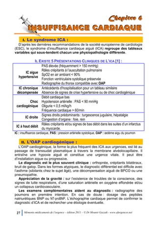 27 Mémento médicaments de l’urgence – édition 2011 – © Dr Mounir Gazzah - www.efurgences.net
CCChhhaaapppiiitttrrreee 666
IIINNNSSSUUUFFFFFFIIISSSAAANNNCCCEEE CCCAAARRRDDDIIIAAAQQQUUUEEE
I. Le syndrome ICA :
D’après les dernières recommandations de la société européenne de cardiologie
(ESC), le syndrome d’insuffisance cardiaque aiguë (ICA) regroupe des tableaux
variables qui sous-tendent chacun une physiopathologie différente.
IL EXISTE 5 PRÉSENTATIONS CLINIQUES DE L’ICA [1] :
IC aigue
hypertensive
PAS élevée (fréquemment > 150 mmHg)
Râles crépitants à l’auscultation pulmonaire
SpO2 en air ambiant < 90%
Fonction ventriculaire systolique préservée
Radiographie du thorax compatible avec OAP
IC chronique
décompensée
Antécédents d’hospitalisation pour un tableau similaire
Absence de signes de crise hypertensive ou de choc cardiogénique
Choc
cardiogénique
Débit cardiaque bas
Hypotension artérielle : PAS < 90 mmHg
Oligurie < 0,5 ml/kg/h
Fréquence cardiaque > 60/min
IC droite
Signes droits prédominants : turgescence jugulaire, hépatalgie
Congestion d’organe : foie, rein
IC à haut débit
Râles crépitants et/ou signes de bas débit dans les suites d’un infarctus
du myocarde.
IC : insuffisance cardiaque, PAS : pression artérielle systolique, OAP : œdème aigu du poumon
II. L’OAP cardiogénique :
L'OAP cardiogénique, la forme la plus fréquent des ICA aux urgences, est lié au
passage de transsudat plasmatique à travers la membrane alvéolocapillaire. Il
entraîne une hypoxie aiguë et constitue une urgence vitale. Il peut être
d’installation aigue ou progressive.
Le diagnostic est le plus souvent clinique : orthopnée, crépitants bilatéraux,
bruit de galop. Dans les formes atypiques, le diagnostic différentiel est difficile avec
l’asthme (sibilants chez le sujet âgé), une décompensation aiguë de BPCO ou une
pneumopathie.
Appréciation de la gravité : sur l’existence de troubles de la conscience, des
signes de lutte respiratoire, d’une saturation artérielle en oxygène effondrée et/ou
un collapsus cardiovasculaire.
Les examens complémentaires aident au diagnostic : radiographie des
poumons en première intention. En cas de doute : dosage des peptides
natriurétiques BNP ou NT-proBNP. L’échographie cardiaque permet de confirmer le
diagnostic d’ICA et de rechercher une étiologie éventuelle.
 