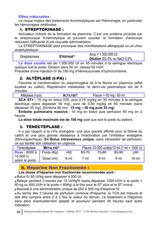36 Mémento médicaments de l’urgence – édition 2011 – © Dr Mounir Gazzah - www.efurgences.net
Effets indésirables :
Le risque majeur des traitements thrombolytiques est l'hémorragie, en particulier
les hémorragies cérébrales.
1. STREPTOKINASE :
Activateur indirect de la formation de plasmine. C’est une protéine produite par
le streptocoque ß-hémolytique et pouvant susciter la formation d'anticorps
réduisant l'efficacité d'une nouvelle administration.
La STREPTOKINASE peut provoquer des manifestations allergiques ou un choc
anaphylactique.
Streptokinase STREPASE® Amp = 1.500.000 UI
Dilution SG 5% ou NaCl 0,9%
La dose usuelle est de 1.500.000 UI en 45 minutes à la seringue électrique
quelque soit le poids. Dilution dans 50 ml, vitesse 65 ml/H
Précédée d’une injection IV de 100 mg d’hémisuccinate d’hydrocortisone.
2. ALTÉPLASE (t-PA) :
Favorise la transformation du plasminogène lié à la fibrine en plasmine (effet
localisé au caillot). Rapidement métabolisé, la demi-vie plasmatique est de 5
minutes.
Altéplase (t-pa) ACTILYSE® Flacon = 50 mg / 50 ml
SCA ST+ : 15 mg en bolus IVD, puis 0,75 mg/kg en 30 minutes à la seringue
électrique (sans dépasser 50 mg), suivi de 0,50 mg/kg en 60 minutes (sans
dépasser 35 mg). [Schéma 90 min : 15 mg Ŕ 50 mg puis 35 mg]
Embolie pulmonaire massive : 10 mg en bolus puis perfusion 90 mg en 2
heures
La dose totale maximale est de 100 mg quel que soit le poids du patient.
3. TÉNECTÉPLASE :
Il a par rapport à la t-Pa endogène, une plus grande affinité pour la fibrine du
caillot et une plus grande résistance à l'inactivation par l'inhibiteur endogène
(fibrinospécifique). En Bolus intraveineux unique, sans nécessiter de perfusion,
ce qui facilite son utilisation en urgence.
Ténectéplase METALYSE® Flacon 10.000 unités/10 ml (1 ml = 1000 U)
Dose : 6000 à
10.000 U
selon le poids
Poids (Kg) <60 60-70 70-80 80-90 >90
Dose (ml) 6 ml 7 ml 8 ml 9 ml 10 ml
II. Héparine Non Fractionnée :
Les doses d'héparine non fractionnée recommandée sont :
Bolus IV 60 UI/kg sans dépasser 4.000 UI,
Relayé pendant 3 heures par 12 UI/Kg/H (sans dépasser 1000 UI/H si le poids >
60 kg ou 800 UI/H si le poids < 60Kg) à la fois pour le ST plus et le ST moins,
Associé à une administration unique de 250 à 500 mg d'aspirine IV.
Au terme des 3 heures de perfusion continue d'héparine, le TCA est mesuré et
doit être compris entre 2 à 3 fois la valeur du témoin. Le traitement à l'héparine
sera alors éventuellement adapté et poursuivi pendant 48 heures sauf autre
indication.
 