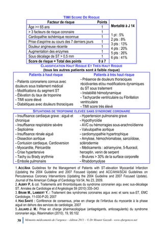 38 Mémento médicaments de l’urgence – édition 2011 – © Dr Mounir Gazzah - www.efurgences.net
TIMI SCORE DE RISQUE
Facteur de risque Points
Mortalité à J 14
1 pt : 5%
2 pts : 8%
3 pts : 13%
4 pts : 20%
5 pts : 26%
6 pts : 41%
Âge >= 65 ans 1
> 3 facteurs de risque coronaire 1
Cardiopathie ischémique reconnue 1
Prise d’aspirine au cours des 7 derniers jours 1
Douleur angineuse récente 1
Augmentation des enzymes 1
Sous décalage de ST > 0,5 mm 1
Score de risque = Total des points 0 à 7
CLASSIFICATION HAUT RISQUE ET TRÈS HAUT RISQUE
(tous les autres patients sont à faible risque)
Patients à haut risque Patients à très haut risque
- Patients coronariens connus avec
douleurs sous traitement médical
- Modifications du segment ST
- Élévation du taux de troponine
- TIMI score élevé
- Diabétiques avec douleurs thoraciques
- Présence de douleurs thoraciques
récidivantes et/ou modifications dynamiques
du ST sous traitement
- Instabilité hémodynamique
- Tachycardie ventriculaire ou Fibrillation
ventriculaire
- TIMI score très élevé
SITUATIONS DE TROPONINE ÉLEVÉE SANS SYNDROME CORONAIRE
- Insuffisance cardiaque grave : aiguë et
chronique
- Insuffisance respiratoire sévère
- Septicémie
- Insuffisance rénale aiguë
- Dissection aortique
- Contusion cardiaque, Cardioversion
- Myocardite, Péricardite
- Crise hypertensive
- Tachy ou Brady arythmie
- Embolie pulmonaire
- Hypertension pulmonaire grave
- Hypothyroïdie
- AVC ou hémorragies sous-arachnoïdienne
- Valvulopathie aortique
- cardiomyopathie hypertrophique
- Amylose, hémochromatose, sarcoïdose,
sclérodermie
- Médicaments : adriamycine, 5-fluoracil,
herceptin, venin de serpent
- Brulures > 30% de la surface corporelle
- Rhabdomyolyse
1. ACC/AHA Guidelines for the Management of Patients with ST-elevation Myocardial Infarction
(Updating the 2004 Guideline and 2007 Focused Update) and ACC/AHA/SCAI Guidelines on
Percutaneous Coronary Interventions (Updating the 2004 Guideline and 2007 Focused Update).
Journal of the American College of Cardiology Vol 54, No 23, 2009.
2. AUBRY P, & col. Traitements anti thrombotiques du syndrome coronarien aigu avec sus-décalage
ST. Annales de Cardiologie et d’Angéiologie 59 (2010) 335Ŕ343
3. BRAMI M., LAMBERT Y. : Traitement des syndromes coronaires aigus avec et sans sus-ST, EMC
Cardiologie, 11-030-P-20, 2007
4. HAS SANTÉ : Conférence de consensus, prise en charge de l’infarctus du myocarde à la phase
aiguë en dehors des services de cardiologie, 2007
5. JULIARD J. M.: Prise en charge pharmacologique (antiagrégants, anticoagulants) du syndrome
coronarien aigu, Réanimation (2010), 19, 95:102
 
