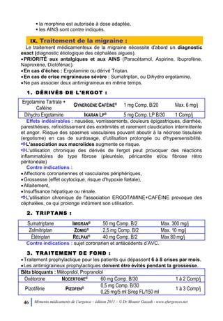 46 Mémento médicaments de l’urgence – édition 2011 – © Dr Mounir Gazzah - www.efurgences.net
 la morphine est autorisée à dose adaptée,
 les AINS sont contre indiqués.
IX. Traitement de la migraine :
Le traitement médicamenteux de la migraine nécessite d'abord un diagnostic
exact (diagnostic étiologique des céphalées aigues).
PRIORITÉ aux antalgiques et aux AINS (Paracétamol, Aspirine, Ibuprofène,
Naproxène, Diclofénac).
En cas d’échec : Ergotamine ou dérivé Triptan.
En cas de crise migraineuse sévère : Sumatriptan, ou Dihydro ergotamine.
Ne pas associer deux antimigraineux en même temps.
1. DÉRIVÉS DE L'ERGOT :
Ergotamine Tartrate +
Caféine
GYNERGÈNE CAFÉINÉ® 1 mg Comp. B/20 Max. 6 mg/j
Dihydro Ergotamine IKARAN LP® 5 mg Comp. LP B/30 1 Comp/j
Effets indésirables : nausées, vomissements, douleurs épigastriques, diarrhée,
paresthésies, refroidissement des extrémités et rarement claudication intermittente
et angor. Risque des spasmes vasculaires pouvant aboutir à la nécrose tissulaire
(ergotisme) en cas de surdosage, d'utilisation prolongée ou d'hypersensibilité.
L'association aux macrolides augmente ce risque.
L'utilisation chronique des dérivés de l'ergot peut provoquer des réactions
inflammatoires de type fibrose (pleurésie, péricardite et/ou fibrose rétro
péritonéale)
Contre indications :
Affections coronariennes et vasculaires périphériques,
Grossesse (effet ocytocique, risque d'hypoxie fœtale),
Allaitement,
Insuffisance hépatique ou rénale.
L'utilisation chronique de l'association ERGOTAMINE+CAFÉINE provoque des
céphalées, ce qui prolonge indûment son utilisation.
2. TRIPTANS :
Sumatriptane IMIGRAN® 50 mg Comp. B/2 Max. 300 mg/j
Zolmitriptan ZOMIG® 2,5 mg Comp. B/2 Max. 10 mg/j
Élétriptan RELPAX® 40 mg Comp. B/2 Max 80 mg/j
Contre indications : sujet coronarien et antécédents d’AVC.
3. TRAITEMENT DE FOND :
Traitement prophylactique pour les patients qui dépassent 6 à 8 crises par mois.
Les antimigraineux prophylactiques doivent être évités pendant la grossesse.
Bêta bloquants : Métoprolol, Propranolol
Oxétorone NOCERTONE® 60 mg Comp. B/30 1 à 2 Comp/j
Pizotifène PIZOFEN® 0,5 mg Comp. B/30
0,25 mg/5 ml Sirop FL/150 ml
1 à 3 Comp/j
 