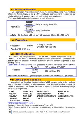 59 Mémento médicaments de l’urgence – édition 2011 – © Dr Mounir Gazzah - www.efurgences.net
V.Dérivés Indoliques :
La prescription d'indométacine n'est pas recommandée pour le traitement des
affections rhumatologiques ou post-traumatiques spontanément régressives ou
peu invalidantes. À associer avec un médicament gastroprotecteur.
Effets indésirables digestifs et neurosensoriels fréquents.
Indométacine
INDOCID®
50 mg et 100 mg Suppo B/10INDOCINE®
INDOPAL®
ROTHACIN
25 mg Gélule B/30
TENDINYL®
- Adulte : 2 à 6 gélules à 25 mg ou 1 à 3 suppos à 50 mg (50 à 150 mg/j)
VI. Pyrazolés :
Benzydamine VERAX® 100 mg Suppo B/10
Enfant 25 mg Suppo B/10
- Adulte : 100 à 150 mg/j
VII. COX-2 sélectifs :
En raison de l'augmentation possible des risques cardiovasculaires du
CÉLÉCOXIB en fonction de la dose et de la durée de traitement, ce médicament
doit être prescrit à la dose minimale journalière efficace pendant la période la plus
courte possible.
Contre Indications : âge <18 ans, grossesse, maladies cardio-vasculaires et AVC
Célécoxib
CELEBREX® 200 mg Gélule B/10 - B/20
CELOXX®
200 mg Gélule B/10
INIBREX®
Adulte - Inflammation : 2 gélules par jour en une prise, Arthrose : 1 gélule/jour
VIII. AINS par voie locale :
Les applications de gel ou de pommades d’AINS peuvent soulager les douleurs
liées à une entorse bénigne, une contusion, une tendinite ou une arthrose de
petites articulations. Ces formes exposent à l’irritation cutanée. Un faible passage
systémique est possible.
AXEN®
NIFLURIL®
NIFLUGEL®
DICLOPAL®
GELDÈNE GEL®
IBUPHIL GEL®
IBUPHIL GEL
MENTHOLÉ®
KETUM®
VERAX®
BAUME AROMA®
MYORELAX BAUME®
CRÈME DÉCONTRACTANTE
LAINO®
DECONTRACTYL
BAUME®
ALGÉSAL SURACTIVÉ
BAUME®
RÉFÉRENCES BIBLIOGRAPHIQUES :
1. AFSSAPS : Rappel des règles de bon usage des AINS, mars 2008
2. HAS : Synthèse d’avis et fiche bon usage des médicaments, anti-inflammatoire non stéroïdien,
2009
 