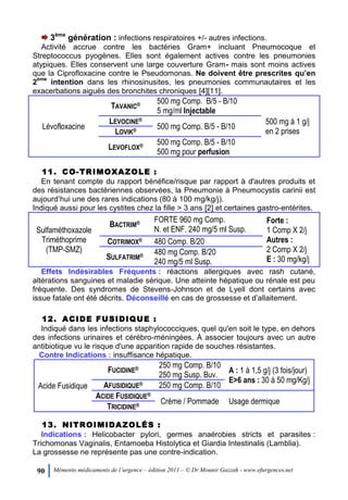 90 Mémento médicaments de l’urgence – édition 2011 – © Dr Mounir Gazzah - www.efurgences.net
3ème
génération : infections respiratoires +/- autres infections.
Activité accrue contre les bactéries Gram+ incluant Pneumocoque et
Streptococcus pyogènes. Elles sont également actives contre les pneumonies
atypiques. Elles conservent une large couverture Gram- mais sont moins actives
que la Ciprofloxacine contre le Pseudomonas. Ne doivent être prescrites qu’en
2
ème
intention dans les rhinosinusites, les pneumonies communautaires et les
exacerbations aiguës des bronchites chroniques [4][11].
Lévofloxacine
TAVANIC® 500 mg Comp. B/5 - B/10
5 mg/ml Injectable
500 mg à 1 g/j
en 2 prises
LEVOCINE®
500 mg Comp. B/5 - B/10
LOVIK®
LEVOFLOX® 500 mg Comp. B/5 - B/10
500 mg pour perfusion
11. CO-TRIMOXAZOLE :
En tenant compte du rapport bénéfice/risque par rapport à d'autres produits et
des résistances bactériennes observées, la Pneumonie à Pneumocystis carinii est
aujourd’hui une des rares indications (80 à 100 mg/kg/j).
Indiqué aussi pour les cystites chez la fille > 3 ans [2] et certaines gastro-entérites.
Sulfaméthoxazole
Triméthoprime
(TMP-SMZ)
BACTRIM® FORTE 960 mg Comp.
N. et ENF. 240 mg/5 ml Susp.
Forte :
1 Comp X 2/j
Autres :
2 Comp X 2/j
E : 30 mg/kg/j
COTRIMOX® 480 Comp. B/20
SULFATRIM® 480 mg Comp. B/20
240 mg/5 ml Susp.
Effets Indésirables Fréquents : réactions allergiques avec rash cutané,
altérations sanguines et maladie sérique. Une atteinte hépatique ou rénale est peu
fréquente. Des syndromes de Stevens-Johnson et de Lyell dont certains avec
issue fatale ont été décrits. Déconseillé en cas de grossesse et d’allaitement.
12. ACIDE FUSIDIQUE :
Indiqué dans les infections staphylococciques, quel qu'en soit le type, en dehors
des infections urinaires et cérébro-méningées. À associer toujours avec un autre
antibiotique vu le risque d'une apparition rapide de souches résistantes.
Contre Indications : insuffisance hépatique.
Acide Fusidique
FUCIDINE® 250 mg Comp. B/10
250 mg Susp. Buv.
A : 1 à 1,5 g/j (3 fois/jour)
E>6 ans : 30 à 50 mg/Kg/j
AFUSIDIQUE® 250 mg Comp. B/10
ACIDE FUSIDIQUE®
Crème / Pommade Usage dermique
TRICIDINE®
13. NITROIMIDAZOLÉS :
Indications : Helicobacter pylori, germes anaérobies stricts et parasites :
Trichomonas Vaginalis, Entamoeba Histolytica et Giardia Intestinalis (Lamblia).
La grossesse ne représente pas une contre-indication.
 