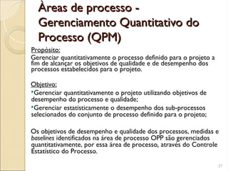 Àreas de processo -
Àreas de processo -
Gerenciamento Quantitativo do
Gerenciamento Quantitativo do
Processo (QPM)
Processo (QPM)
Propósito:
Gerenciar quantitativamente o processo definido para o projeto a
fim de alcançar os objetivos de qualidade e de desempenho dos
processos estabelecidos para o projeto.
Objetivo:
Gerenciar quantitativamente o projeto utilizando objetivos de
desempenho do processo e qualidade;
Gerenciar estatisticamente o desempenho dos sub-processos
selecionados do conjunto de processo definido para o projeto;
Os objetivos de desempenho e qualidade dos processos, medidas e
baselines identificados na área de processo OPP são gerenciados
quantitativamente, por essa área de processo, através do Controle
Estatístico do Processo.
27
 