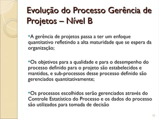 Evolução do Processo Gerência de
Evolução do Processo Gerência de
Projetos – Nível B
Projetos – Nível B
A gerência de projetos passa a ter um enfoque
quantitativo refletindo a alta maturidade que se espera da
organização;
Os objetivos para a qualidade e para o desempenho do
processo definido para o projeto são estabelecidos e
mantidos, e sub-processos desse processo definido são
gerenciados quantitativamente;
Os processos escolhidos serão gerenciados através do
Controle Estatístico do Processo e os dados do processo
são utilizados para tomada de decisão
32
 