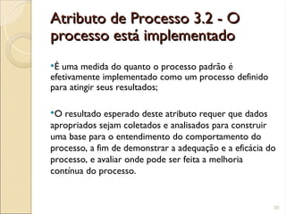 Atributo de Processo 3.2 - O
Atributo de Processo 3.2 - O
processo está implementado
processo está implementado
É uma medida do quanto o processo padrão é
efetivamente implementado como um processo definido
para atingir seus resultados;
O resultado esperado deste atributo requer que dados
apropriados sejam coletados e analisados para construir
uma base para o entendimento do comportamento do
processo, a fim de demonstrar a adequação e a eficácia do
processo, e avaliar onde pode ser feita a melhoria
contínua do processo.
35
 