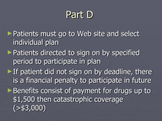 Part D  Patients must go to Web site and select individual plan Patients directed to sign on by specified period to participate in plan If patient did not sign on by deadline, there is a financial penalty to participate in future Benefits consist of payment for drugs up to $1,500 then catastrophic coverage (>$3,000) 