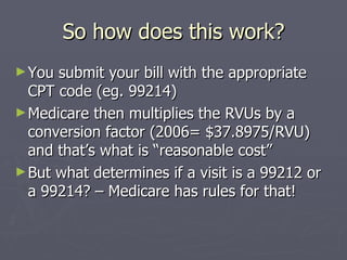 So how does this work? You submit your bill with the appropriate CPT code (eg. 99214) Medicare then multiplies the RVUs by a conversion factor (2006= $37.8975/RVU) and that’s what is “reasonable cost” But what determines if a visit is a 99212 or  a 99214? – Medicare has rules for that! 