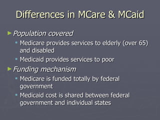 Differences in MCare & MCaid Population covered Medicare provides services to elderly (over 65) and disabled Medicaid provides services to poor Funding mechanism Medicare is funded totally by federal government Medicaid cost is shared between federal government and individual states 