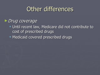 Other differences Drug coverage Until recent law, Medicare did not contribute to cost of prescribed drugs Medicaid covered prescribed drugs  