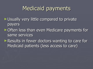 Medicaid payments Usually very little compared to private payers Often less than even Medicare payments for same services Results in fewer doctors wanting to care for Medicaid patients (less access to care) 