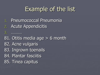 Example of the list Pneumococcal Pneumonia Acute Appendicitis ……… 81. Otitis media age > 6 month 82. Acne vulgaris 83. Ingrown toenails 84. Plantar fasciitis 85. Tinea capitus 
